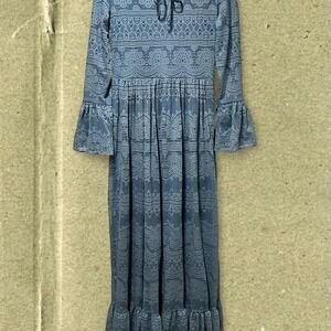 Bürün Blue Lace Tiered Maxi Dress Boho Bell Sleeve Size M